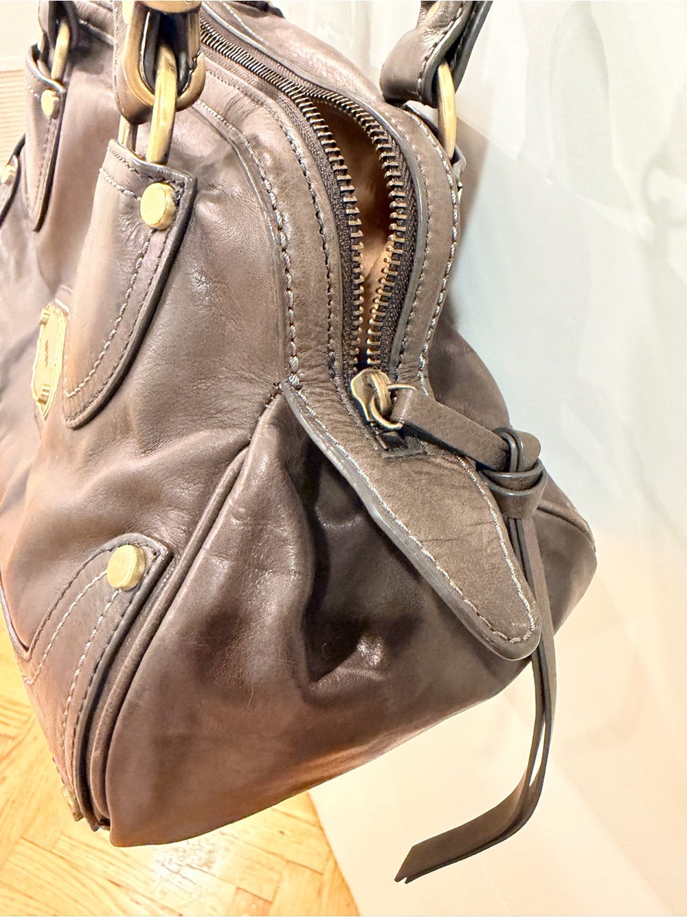 Luana Italian Leather Satchel Dark Olive Brown Chain Strap Top Handle - Picture 7 of 13